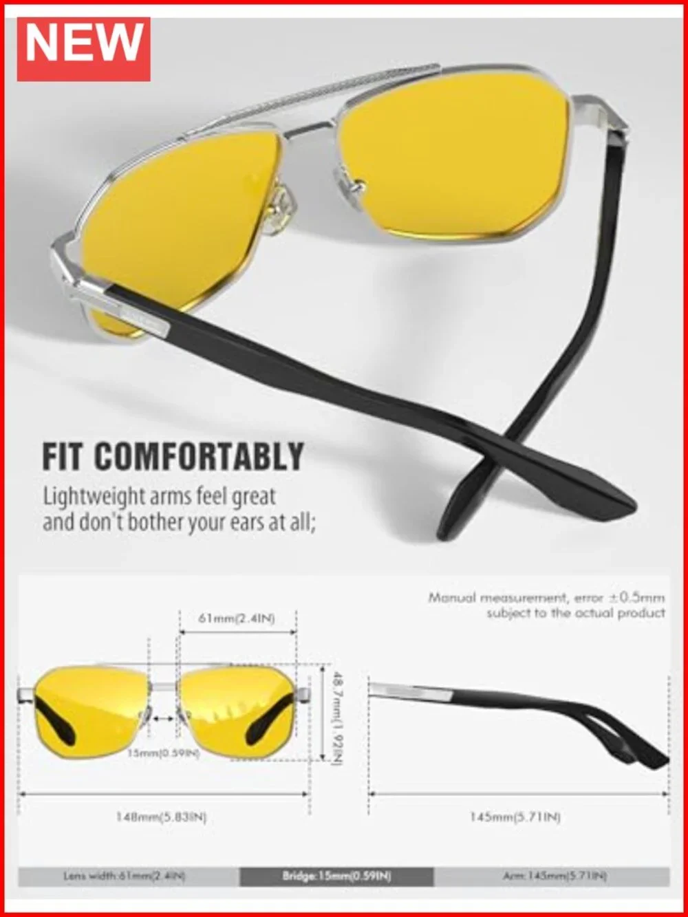 Aviator Polarized Sunglasses with UV Protection Night Vision Driving Square